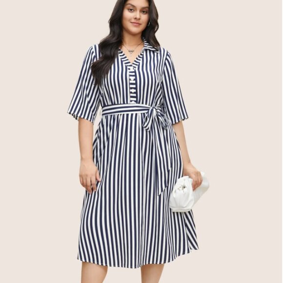 BloomChic Plus size 4XL Striped Belted Shirt Collar Button Up Dress us26 - Picture 4 of 5
